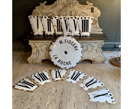 A MASSIVE SET OF 19TH CENTURY FRENCH ENAMEL CLOCK NUMERALSthe white painted enamel numerals from a tower clock, with Roman nu
