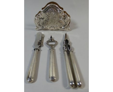 A Continental White Metal Repousse Work Letter Holder Marked 999 SP Together with a Set of Continental Silver Handled Items t