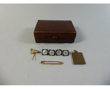 A Small Leather Box Containing 9ct Gold Tie Pin, Gold Metal Sweetheart Brooch, Jewelled Mother of Pearl Dress Studs and a Spo