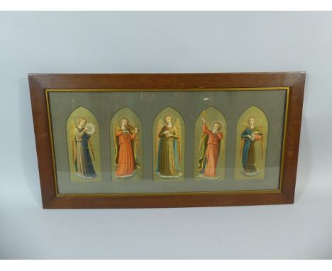 An Oak Framed Religious Print of Five Angels Playing Musical Instruments. 81x36cm