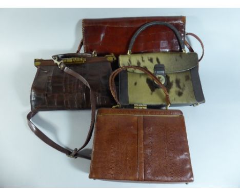 A Collection of Four Vintage Handbags to Include Cow Hide, Snake and Crocodile examples.