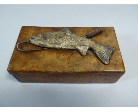 A Vintage Burr Wood Box. The Top Decorated with a Fish Caught in a Gaff. 11x19x5cm