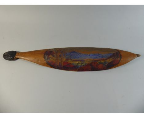 A Hand Painted Aboriginal Hermannsburg School Painted Woomera Throwing Stick with Painted Landscape Signed Claude Pannka.