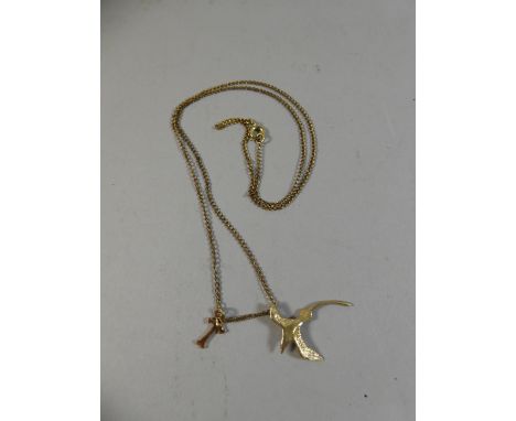 A Yellow Mounted Bird Pendant on Chain with 15ct Gold Pendant 'T'.