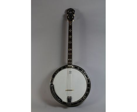 A Vintage Four String Mastertone Banjo. Gibson Branding in Mother of Pearl. Truss Rod Cover with Etched 'Ellen K Lindienst'. 