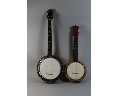Two Banjuleles, One By Keech, pat 219120/24 Serial Number B7448. The Other with Longer Scale Length but Unbranded.