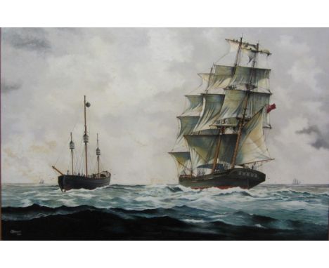George T Brown (American mid/late 20th century): 'Jhellum' - maiden voyage passing the north west light Liverpool 1849,  oil 