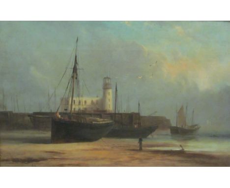 Ezra Elmer Keene (British 1853-1929): Scarborough Light House, oil on canvas signed and dated '84,  28cm x 43cm