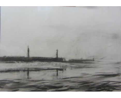 David Baumforth (British 1945-): 'Reflections of Light on the Pier at Whitby Low Tide', charcoal signed, inscribed and dated 