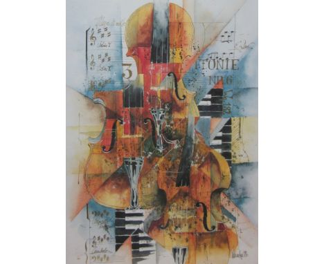 W***** (Late 20th century): Musical Theme Still Life, watercolour and mixed media indistinctly signed and dated 1990,  57cm x