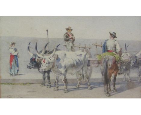 Italian School (19th/20th century): Ox Carts, watercolour indistinctly signed 14cm x 24cm Condition Report Some light brown s