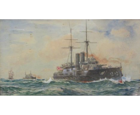 Charles John Delacy (1856-1936): 'Japanese Battleship Kashima in her Sea Trials', watercolour heightened in white signed and 