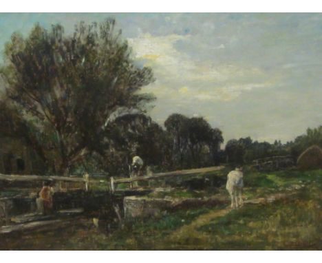 Mark William Fisher (American/British 1841-1923): The Lock Gate, oil on canvas signed 45cm x 59cm 