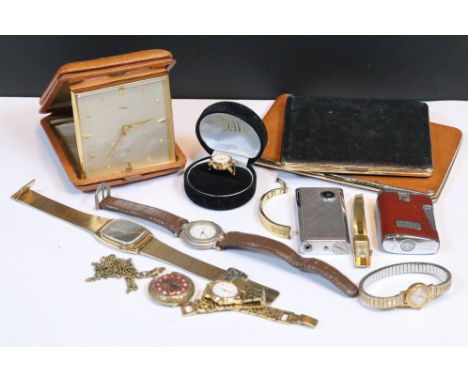 Group of watches and a pocket watch including Lorus, Pulsar, Delfin, Davis etc together with a small vintage travel clock by 