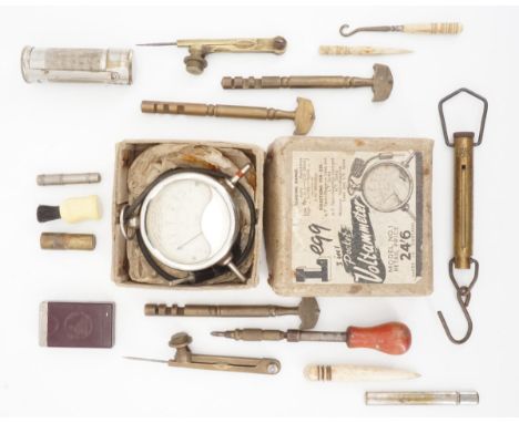 Sundry tools and implements including a rolls travelling razor and a jeweler's drill