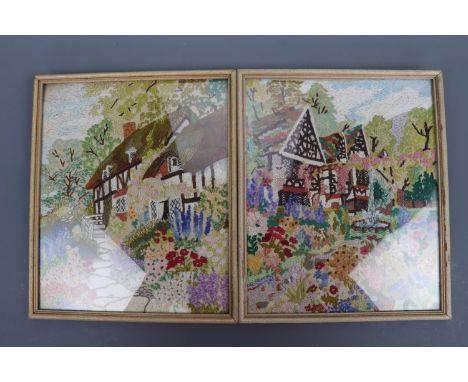 Vintage needlework pictures and a tea tray, including two cottage garden scenes worked in all manner of hand embroidery, and 