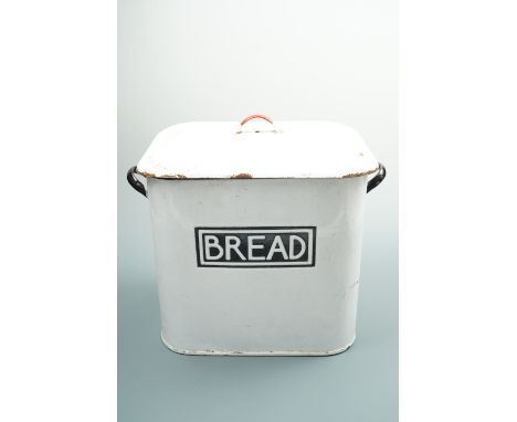 A vintage enamel bread bin