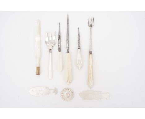 Two Georgian mother-of-pearl gaming tokens in the form of fish, mother-of-pearl-handled and other bodkins, pickle forks etc