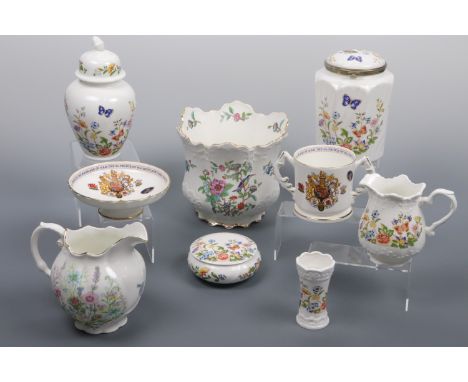 Nine various items of Aynsley ware including a biscuit barrel, lidded jar, planter, jug etc.