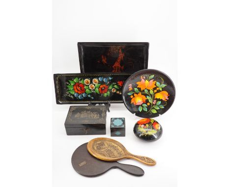 Two hand mirrors, a Japanese box, enamel plaque etc.