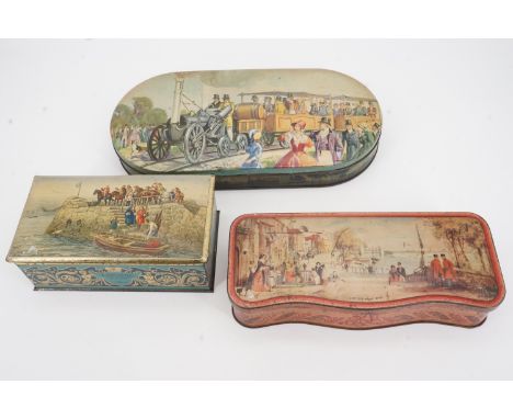 Three vintage biscuit tins commemorating historical events, including Huntley and Palmers A Lost Cause / The Flight of King J