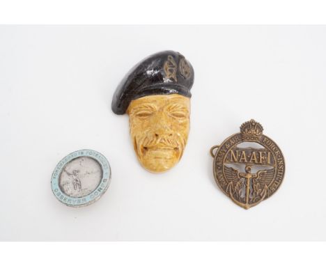 A NAAFI cap badge, Observer Corps lapel badge and Montgomery ceramic sweetheart brooch, (latter a/f)