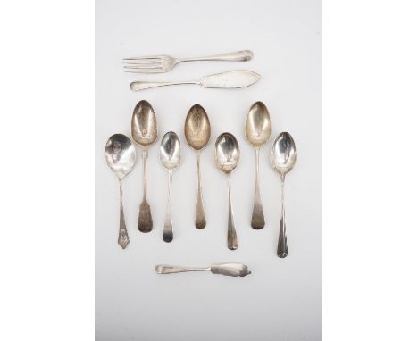 Sundry silver and white metal spoons and butter knives, Georgian and later, together with a silver Christening fork and spoon