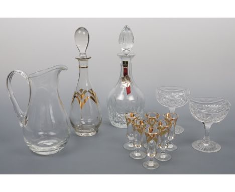 An Edinburgh crystal decanter, A Dartington water jug, a sherry decanter and six glasses etc.