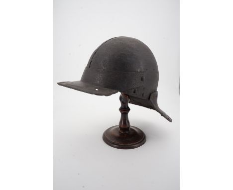 An English Civil War period harquebussier's three-barred pot, the two-piece skull of pistol-proof weight having a lapped seam