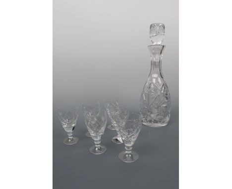A glass spirit decanter and six sherry glasses