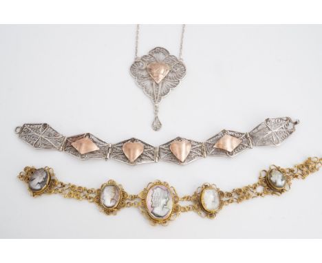 A Middle Eastern filigree bracelet and pendant necklace together with a 1950s - 1960s Italian mother-of-pearl cameo bracelet