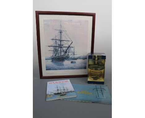 A Lambs 100 Navy Rum HMS Warrior decanter, related two publications, Warrior, the First and Last and HMS Warrior Britain's Fi