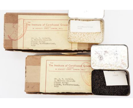 Two vintage Institute of Certified Grocers Sample for Study tins, in the form of two postage cartons containing nine tins, in