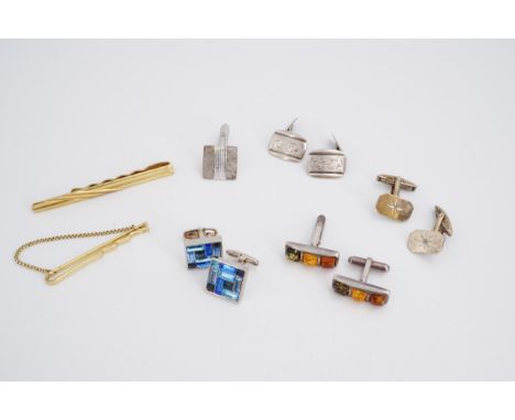 Vintage white metal (tested as silver) and other cuff links, together with two tie clips