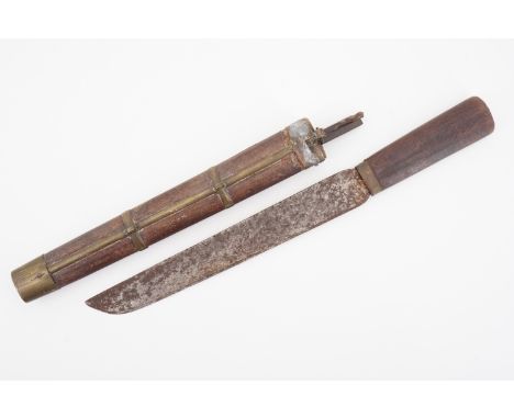 An antique Chinese trousse, comprising a knife and chopsticks in brass-mounted wooden sheath with suspension ring, 31 cm over