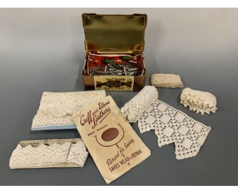 Vintage costume and dressing accessories including a vintage pack of Cuff and Elbow Leathers, crocheted and other trimmings, 