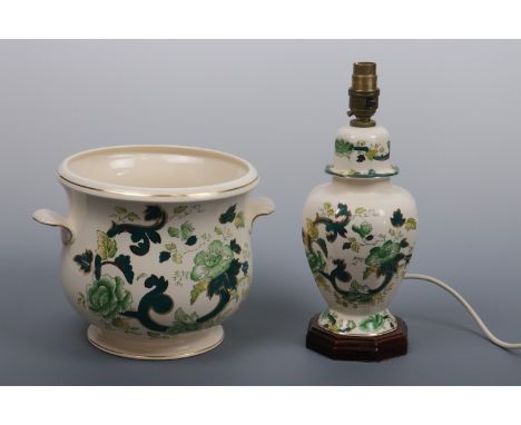 A Mason's Ironstone Chartreuse pattern footed cachepot and table lamp, cachepot 22 cm x 20 cm high, lamp 25 cm high excluding