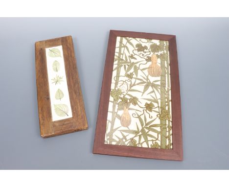 A framed pair of 19th Century Aesthetic ceramic tiles depicting bamboo and flowering gourd vines, together with a contemporar