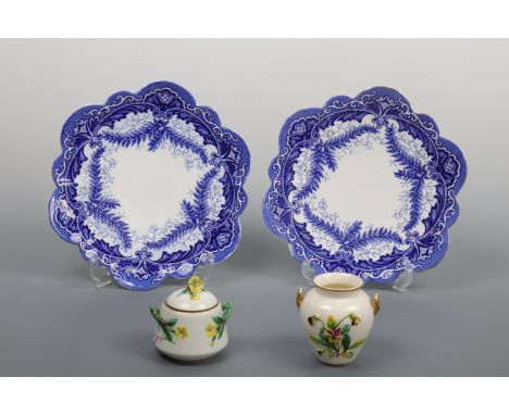 Two Foley Fern pattern plates, a small Royal Worcester vase, 8 cm high and a mustard pot