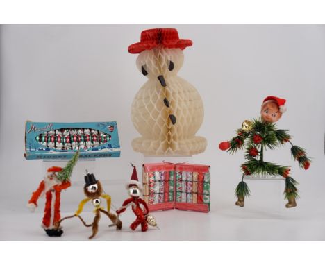 Vintage kitsch Christmas decorations, including a Paul Renoir 'Floral Creation' Elf on the Shelf type figure, pipe cleaner fi