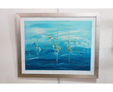 (20th Century) Large scale energetic depiction of Sri Lankan stilt fishing, the loosely painted figures foiled against an azu