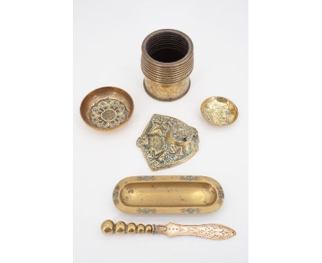 Victorian brassware including an ink well, paper knife, pen tray, bowl, a small dish bearing the relief portrait of Prime Min