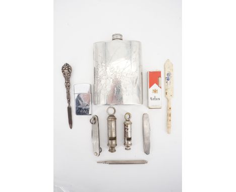 Collectors' items including an English Pewter hip flask decorated with a fishing scene, a Victorian silver handled nail file,