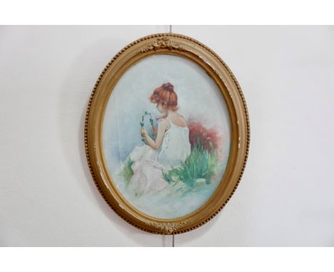 R*** Stirling (19th Century) Study of a flame-haired young girl holding a floral circlet, oil on canvas, in an oval frame und