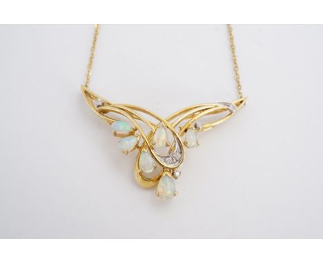 An opal, diamond and yellow metal pendant necklace, comprising teardrop shaped opals set on an openwork frame of crossing bot