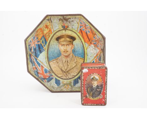 A First World War biscuit tin bearing a portrait of Prince Henry, Duke of Gloucester, the sides of the tin decorated with ves