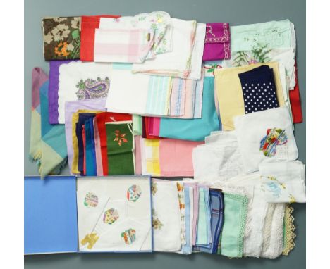 A collection of antique and vintage handkerchiefs, including hand-embroidered whitework squares through to mid 20th Century p