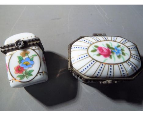 Two ceramic and enamel snuff boxes. Condition - no chips, cracks, crazing or restoration, larger box has some discolouration 
