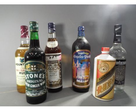 Six bottles of drink to include 70 cl bottle of Montezuma tequila , a 1 litre bottle of Mount Gay Elipse rum 43% ABV and simi