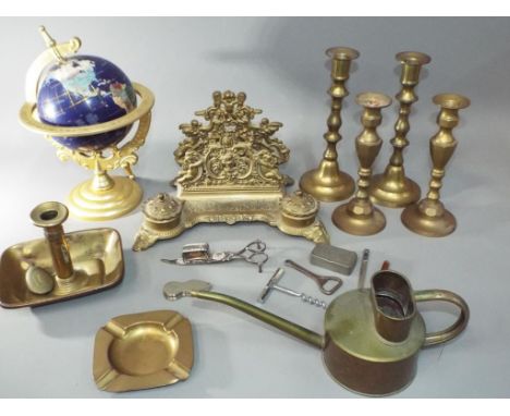 A quantity of metalware, oil can, letter and ink stand and similar, also included in the lot is a brass and stone globe.  Thi